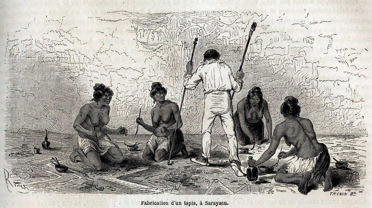ポール・マルコイはサラヤク（ペルー）の未亡人たちと一緒にカーペット作りを学んだ。1848年から1860年までのポール・マルコイの太平洋から大西洋への旅を説明するために、リウが描いたもの。エドゥアール・シャルトン編『Le tour du monde』の図版 作： Edouard Riou