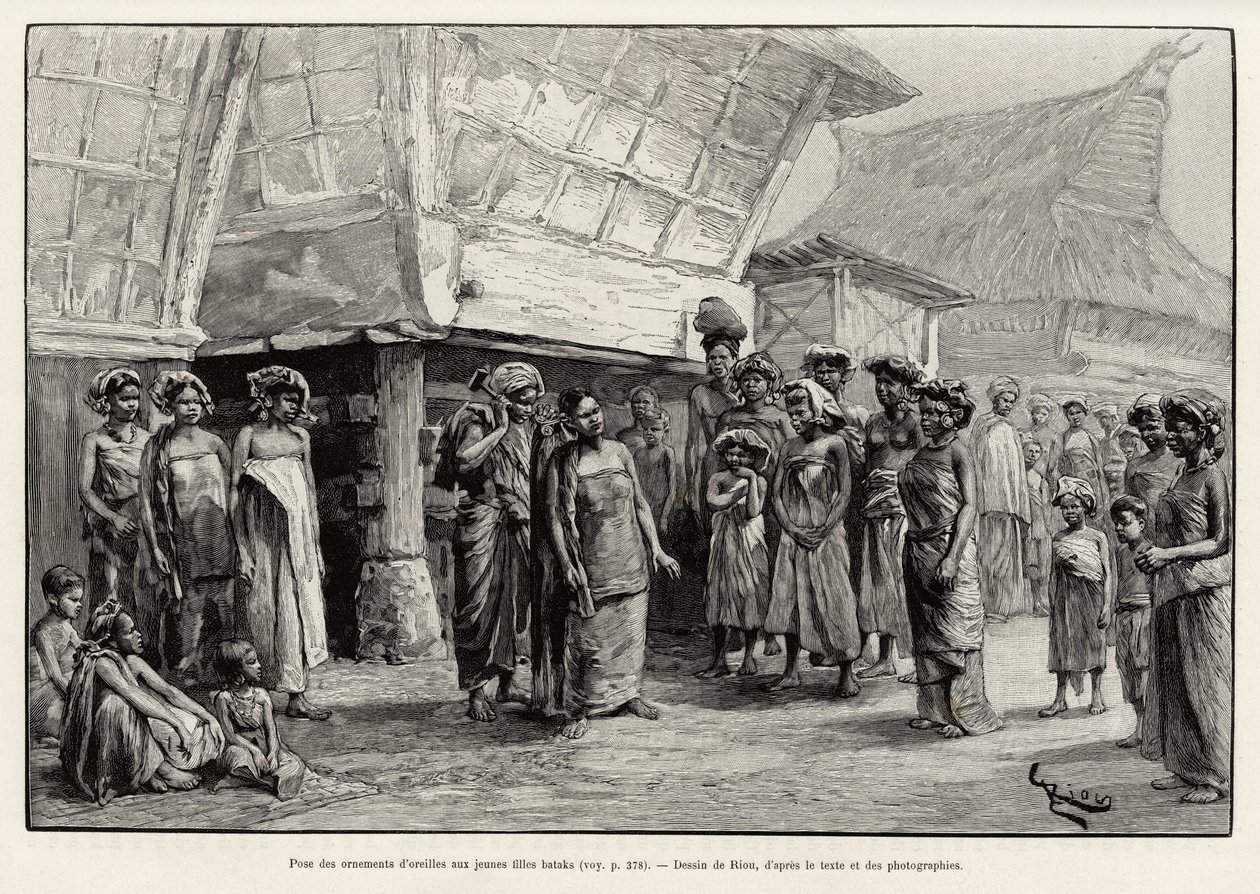 スマトラ島北部の民族であるバタック族の少女が耳飾りをしている様子。ジュール・クレーヌ（1856-1939）の「マレーシアの一年」の挿絵としてリウが描いたもの。 作： Edouard Riou