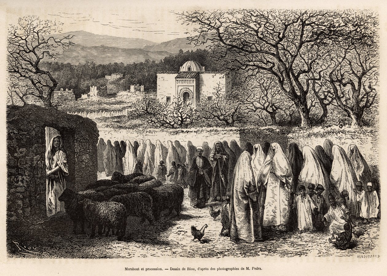 Marabout de Tlemcen（イスラム教の名誉を受けた人物のドームを持つ墓）への行列、E.Riouの図面に基づいて彫られたもので、1875年にE.de LorralがTlemcen（アルジェリア）への航海を描いたもので、Edouard Char編集の "Le tour du monde" 1875に掲載されている。 作： Edouard Riou