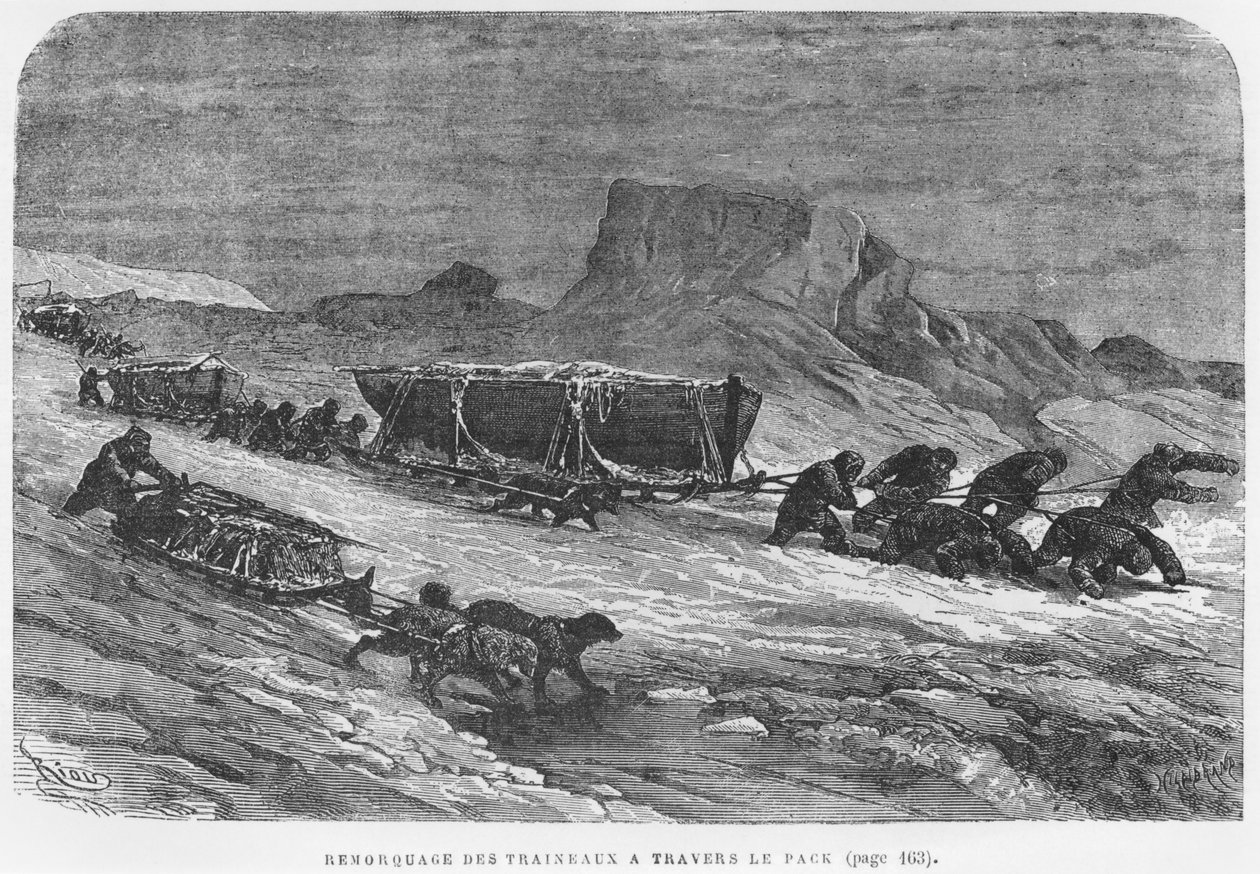 アンリテオフィルヒルディブランド（1824-97）によって刻まれた、ジュリアスプレイヤー（1841-1915）による「エクスペディションデュテゲトホフ」のイラストをパックアイスでそりを引く 作： Edouard Riou