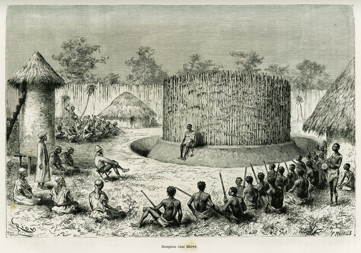 Empfang bei Mkwewe, Stammeshäuptling, mit dem Erzähler. Gravur von Riou zur Illustration der Geschichte „Die Seen des äquatorialen Afrikas“ von Victor Giraud, Schiffsfähnrich, 1883-1885, in Le Tour du monde 1886, unter der Leitung von Edouard Charton (1807 von Edouard Riou