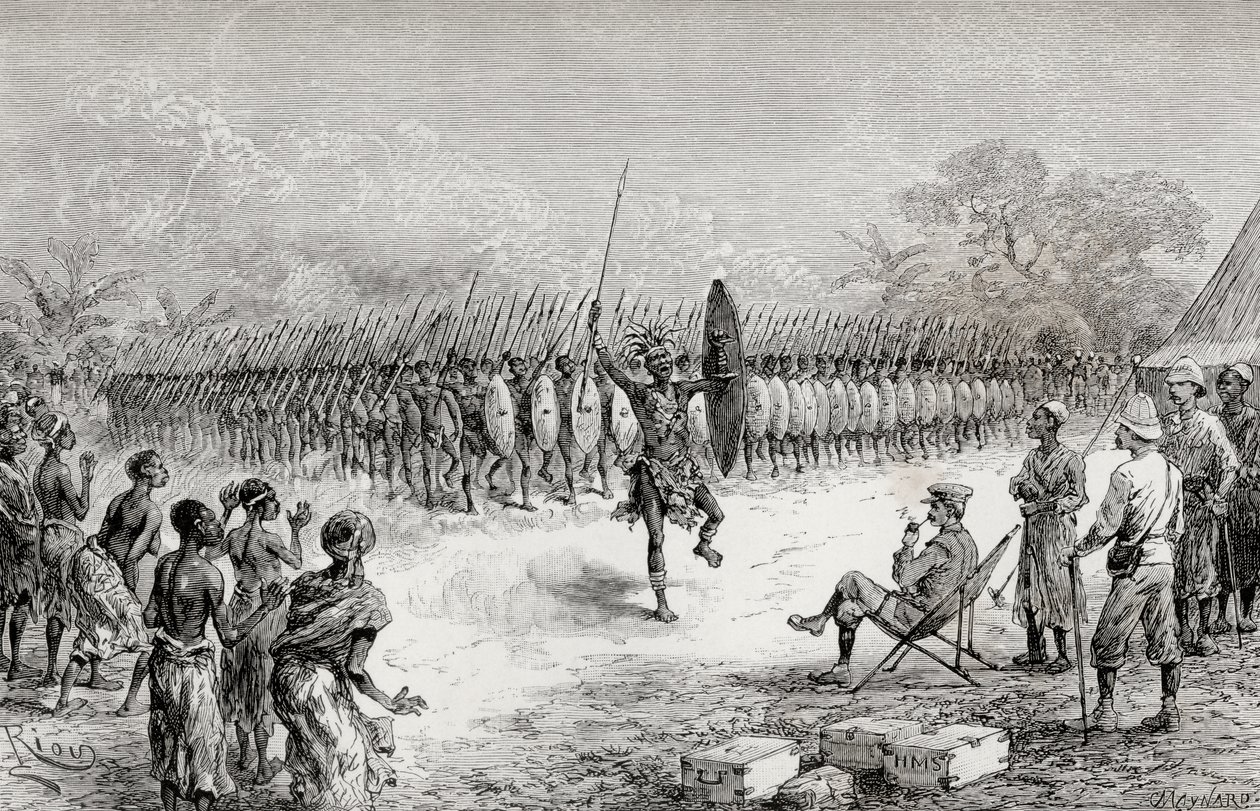 1890年、ウシリでマザンボニの戦士たちの指輪ダンスを見ているヘンリーモートンスタンリー卿（木の彫刻） 作： Edouard Riou