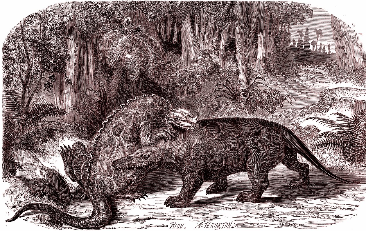 イグアノドンとメガロサウルス（彫刻 作： Edouard Riou