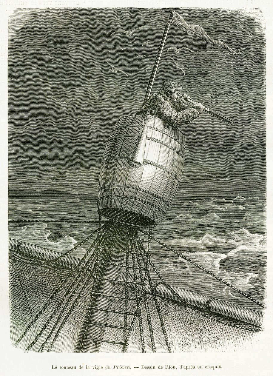 ボート・プロベンの時計の筒、リウが描いたもので、ニルス・アドルフ・エリック（エリック）・バロン・ノルデンスキョルド（ノルデンスキョルド）教授（1832-1901）の物語を説明するために描いたものです。スウェーデンの極地探検隊、1875年。Le tour du monde』に掲載されたエングレーヴィング 作： Edouard Riou