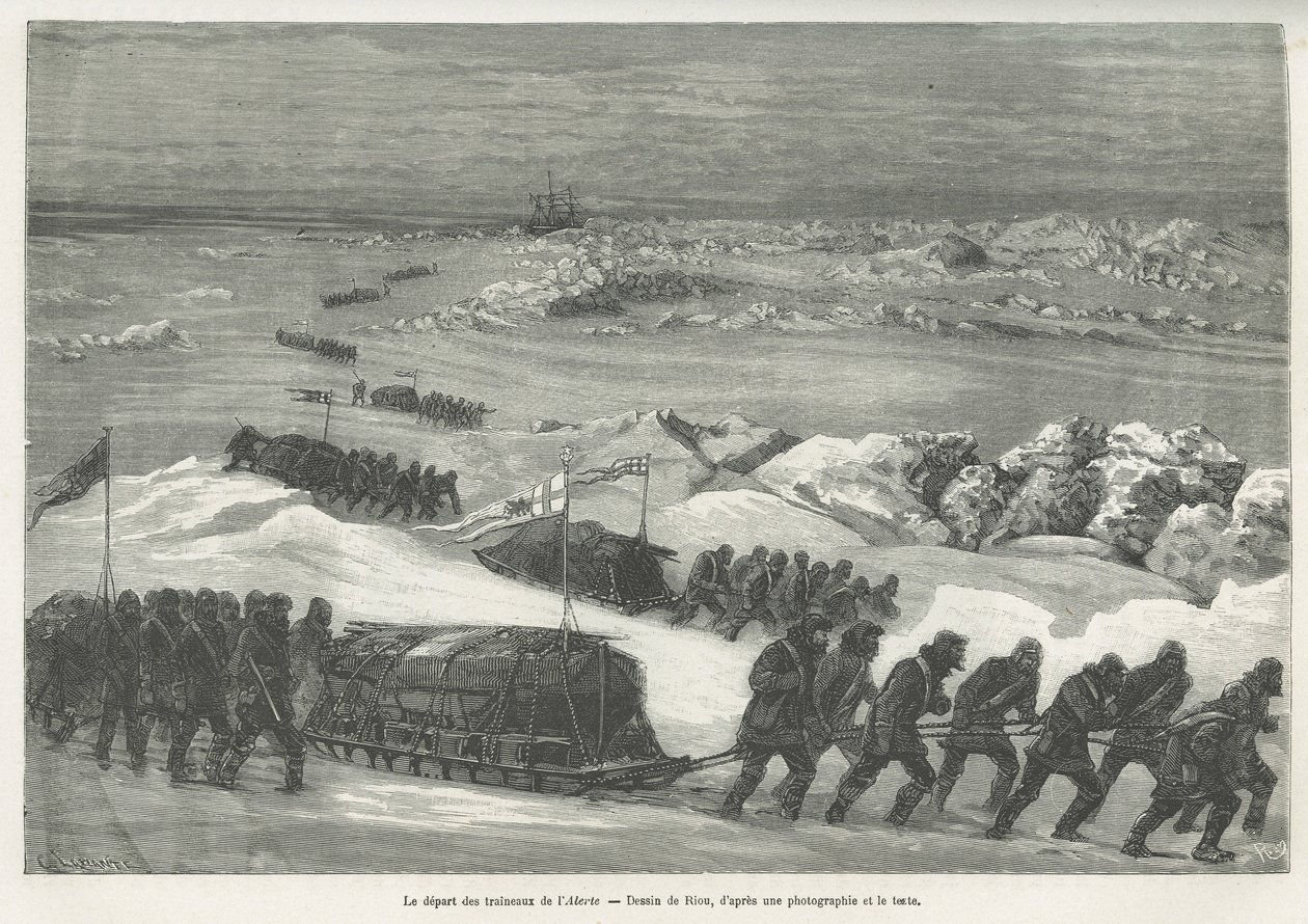 1875年から1876年にかけてのG.S.Nares船長による極海への航海の物語を説明するために描かれたRiouによる極地探検隊の船、Alert Sledsの出発。Le tour du monde』に掲載された版画 作： Edouard Riou