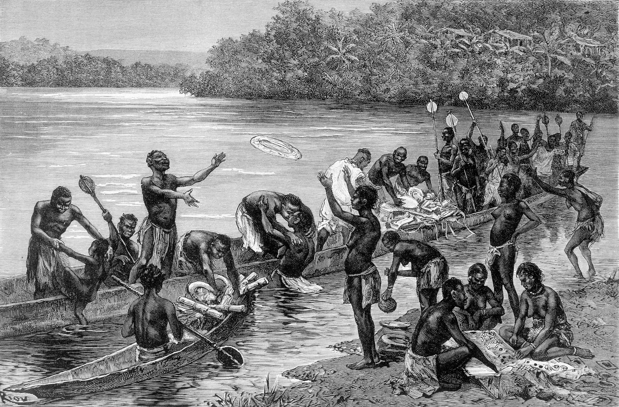 アフリカのアドゥマ村の部族のさまざまな活動を紹介。ブラッツァの「西アフリカの旅」では 作： Edouard Riou