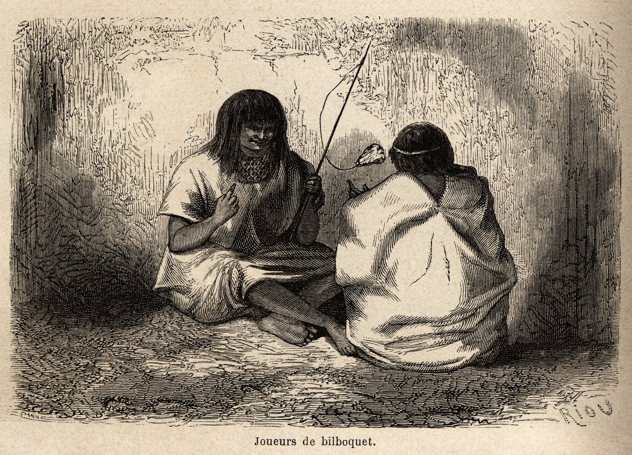 ペルーのコニボス・インディアンの間で行われていた亀の頭を使ったビルボケットの遊び。1848年から1860年にかけてP.マルコイが太平洋から大西洋へと航海した際にリウが描いたもの。Edoua編集の「Le tour du monde」に掲載されている図版。 作： Edouard Riou