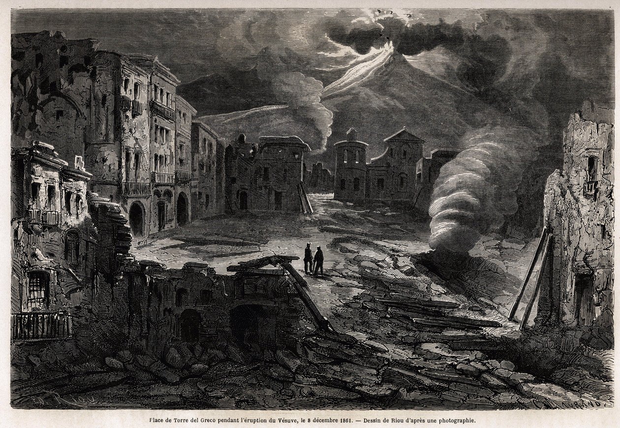 1861年12月8日、ヴェスヴェの噴火中のトッレ・デル・グレコの広場。1862年にマルク・モニエが行ったナポリ周辺の散策を説明するために、リウが描いたもの。エドゥアール・シャルトンが編集した「Le tour du monde」に掲載されているエングレーヴィング。 作： Edouard Riou
