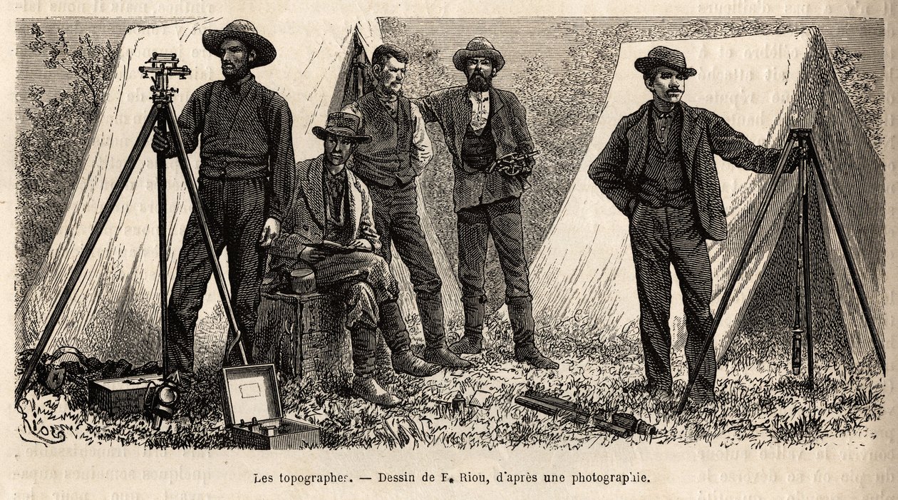 1870年から1872年にかけて行われた、ヘイデン、ドーン、ラングフの3人によるアメリカ国立公園を巡る一連の地理的ミッションを示す、F.Riouの図面に基づくエングレーヴィング。 作： Edouard Riou