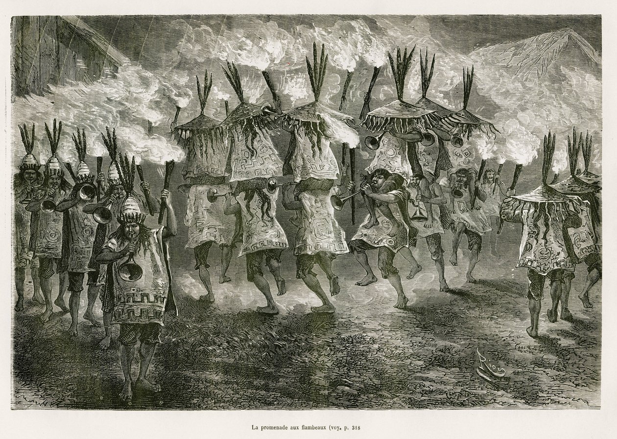 E.Riouが描いたサン・ホセの通りを通る聖火の散歩。1873年にポール・マルコイが行ったチチカカ地方とペルー下部の東の谷間での旅を説明するため。Le tour du monde』に掲載されたエングレーヴィング 作： Edouard Riou