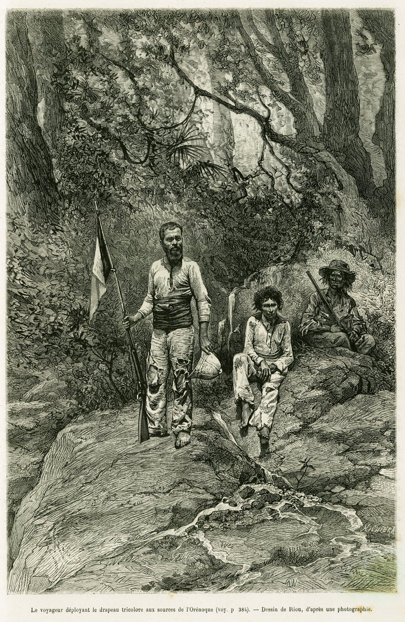 三色旗を掲げてオレノークの水源地に向かう旅人。1886年から1887年にかけてジャン・シャファンジョンが行った、公教育のミスニステールが課題となっている物語「Voyage aux sources de l