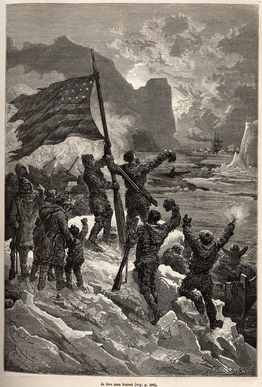 タイソンの乗組員は、氷山の上で数日間漂流した後、ようやく捕鯨船を見つけ、アメリカ国旗を振って見送られた。1870年から1873年にかけて、タイソン中尉が氷の筏であるポラリス号を運航した際の話を描いたE.Riouの絵をもとに彫られたもので、出版されている。 作： Edouard Riou