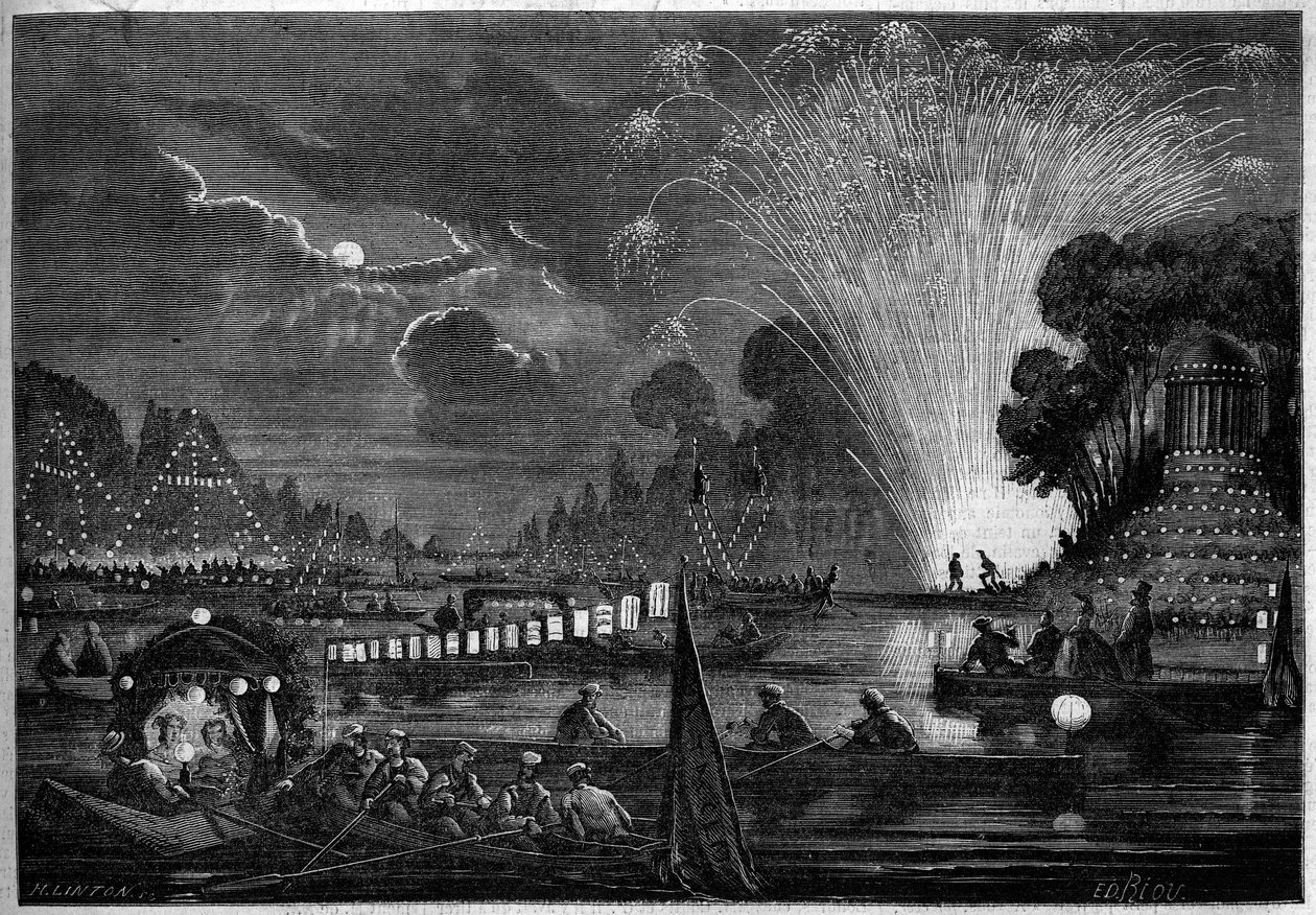 1858年に貧しい人々のために行われたヌーイリーでのヴェネツィア料理の饗宴。1858年10月2日付「Le Monde Illustré」77号に掲載されたリウの版画。 作： Edouard Riou