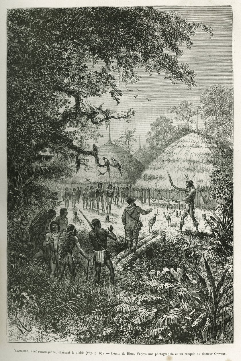 Yacouman, Roucouyenne chief, tribe of Guiana on the rivers of Oyapock, chasing the devil, he walks of the village after birth of a child, sprinkling a milk milk white liquid with a feather brush, engraving after the drawing by Riou, illustrated the the a p 作： Edouard Riou