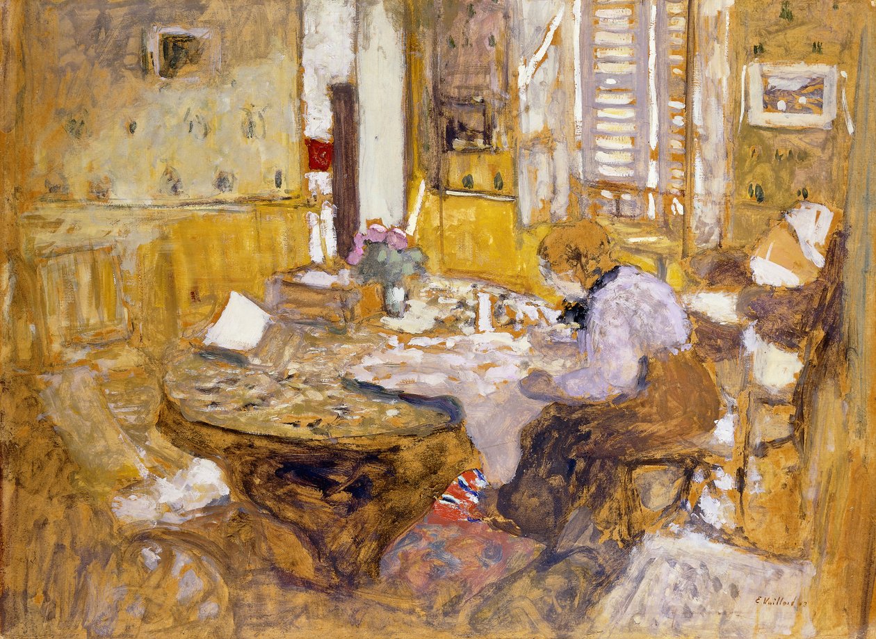 ダイニングルームでのマダムヴィラードレディング、rue Truffant。部屋でウィダード夫人の読書？食べる、rue Truffant、1903 作： エドゥアール・ヴィラード