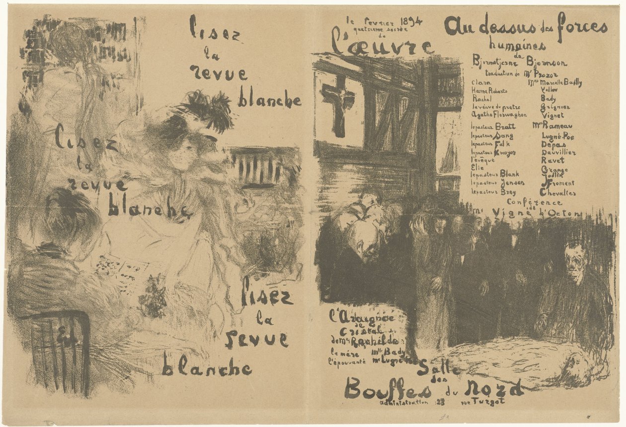 La Revue Blanche の広告と演劇 Au-dessus des force humanes の発表を掲載したカバー プログラム ブックレット Lisez la revue blanche Au-dessus des force humanes 作： エドゥアール・ヴィラード