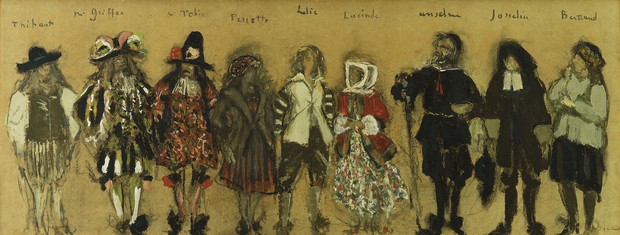 Jean de la Fountaineのための「La Coupe Enchantee」で9人の俳優の衣装を学ぶ。エンチャンテッドカップの新キャラクターの衣装研究、ジャンドラフォンテーヌ作、1918年 作： エドゥアール・ヴィラード