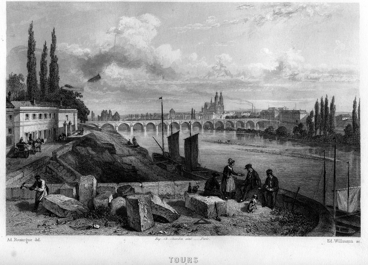 フランス、サントル、インドル・エ・ロワール（Indre-et-Loire）のトゥール（Tour）の街並み。Jean-Bernard Mary-Lafon（ジャン・ベルナール・マリー・ラフォン）の「La France ancienne et moderne」に掲載されているWillmannのエングレーヴィング。 作： エドゥアール・ウィルマン