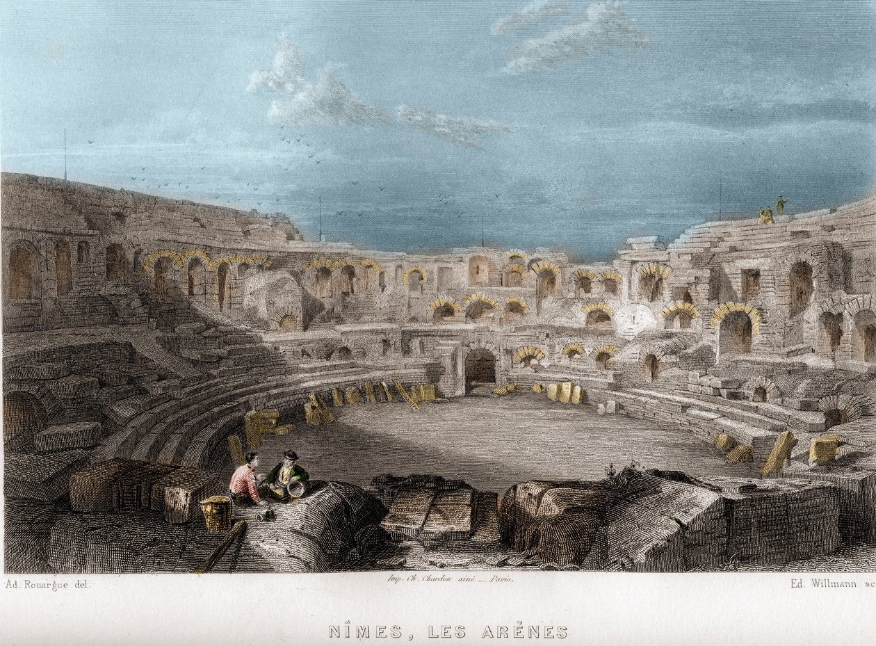 Les arenes de Nimes, Gard, Languedoc-Roussillon (Languedoc Roussillon), France.Jean-Bernard Mary-Lafon（ジャン・ベルナール・マリー・ラフォン）の「La France ancienne et moderne」に掲載されているWillmannのエングレーヴィング。 作： エドゥアール・ウィルマン