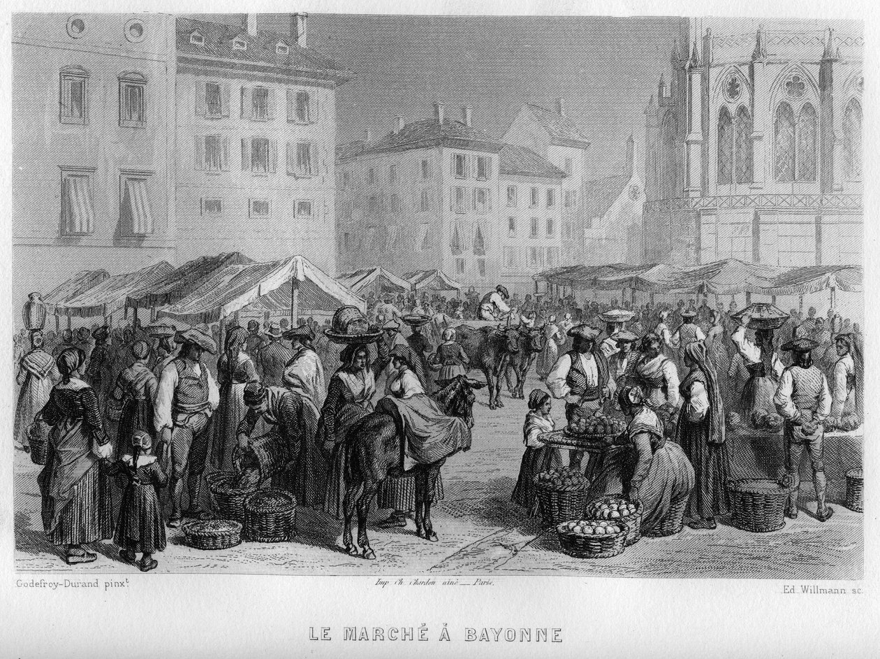 フランス、アキテーヌ地方、ピレネー・アトランティック（Pyrenees Atlantiques）、バイヨンヌ（Bayonne）のマルシェ。Jean-Bernard Mary-Lafon（ジャン・ベルナール・マリー・ラフォン）の「La France ancienne et moderne」に掲載されたWillmannのエングレーヴィング。 作： エドゥアール・ウィルマン
