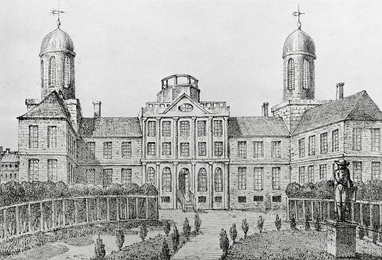 アメリカ合衆国、フィラデルフィアの病院、エドゥアール・ド・モントゥール (1792-1828) によるリトグラフ、「アメリカ、イタリア、シチリア、エジプトへの航海」より 作： エドゥアール・ド・モントゥル
