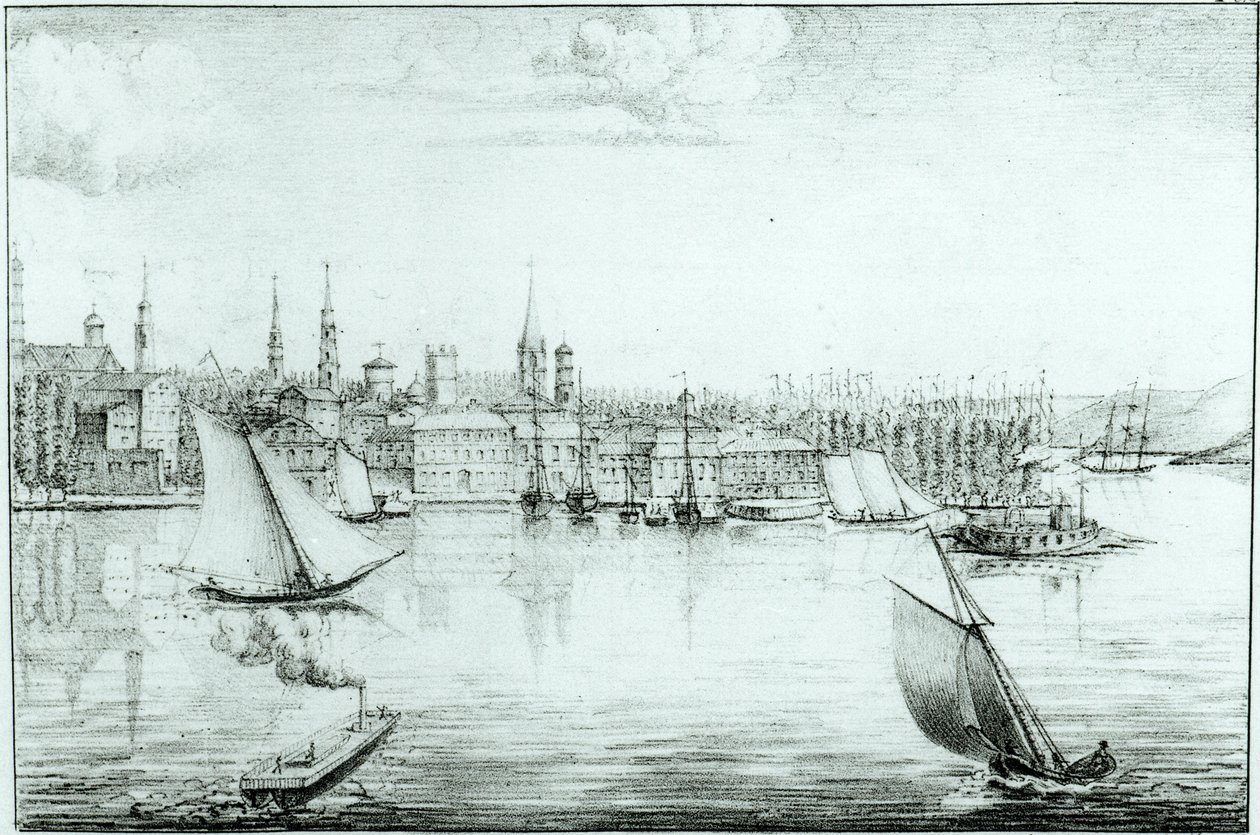 1821年、ドモントゥール作「イタリアのシチリアとエジプトのアメリカへの旅の地図と眺めのコレクション」より、西からニューヨーク 作： エドゥアール・ド・モントゥル