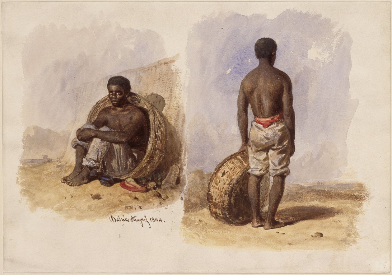 アフリカ系ブラジル人の2つの習作。左は壁にもたれかかったかごの中に座っている姿、右は後ろ姿で立っている姿 作： エドワード・ヒルデブラント