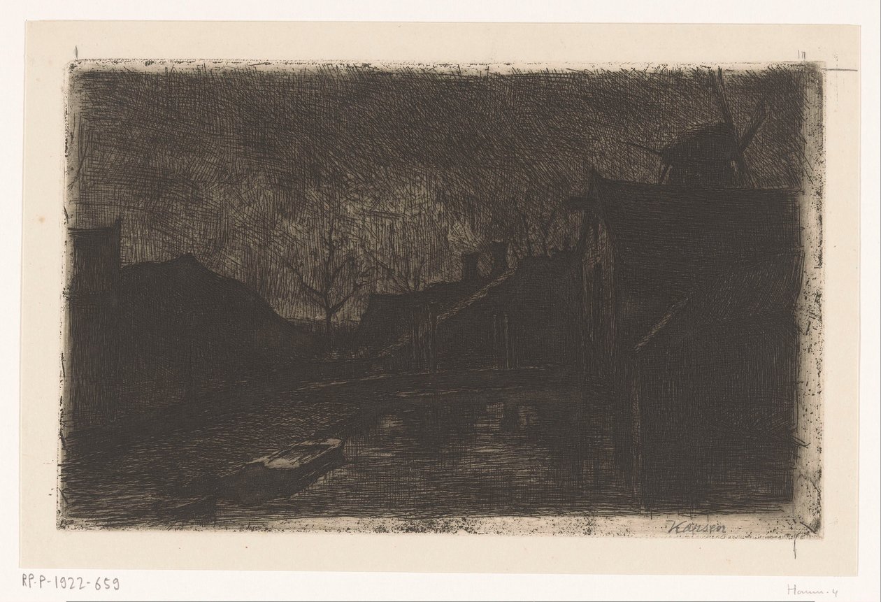 夜の家と工場のある風景 作： Eduard Karsen（アーティストによる署名）