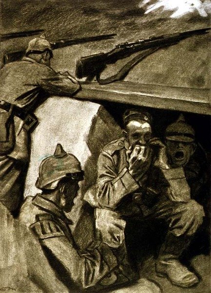 塹壕の口オルガン、ドイツの雑誌「Simplicissimus」のイラスト、1915年頃（石版） 作： エドゥアルト・トニー