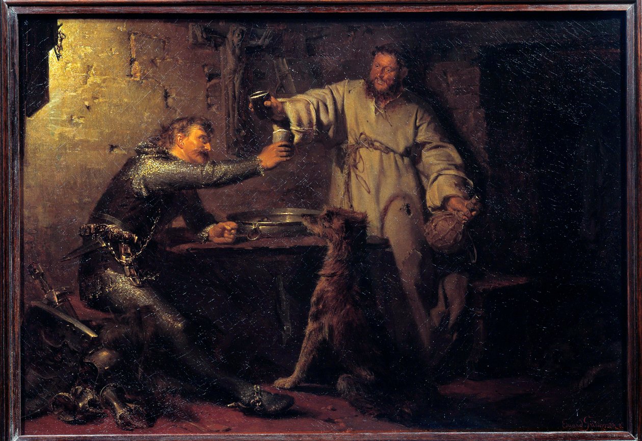 酒場で仙人と乾杯する中年の戦士 絵画 エドゥアルド・フォン・グルッツナー（1846-1925） 1878年 日0.44x0.63 m パリ、オルセー美術館 作： エドワード・フォン・グルッツナー