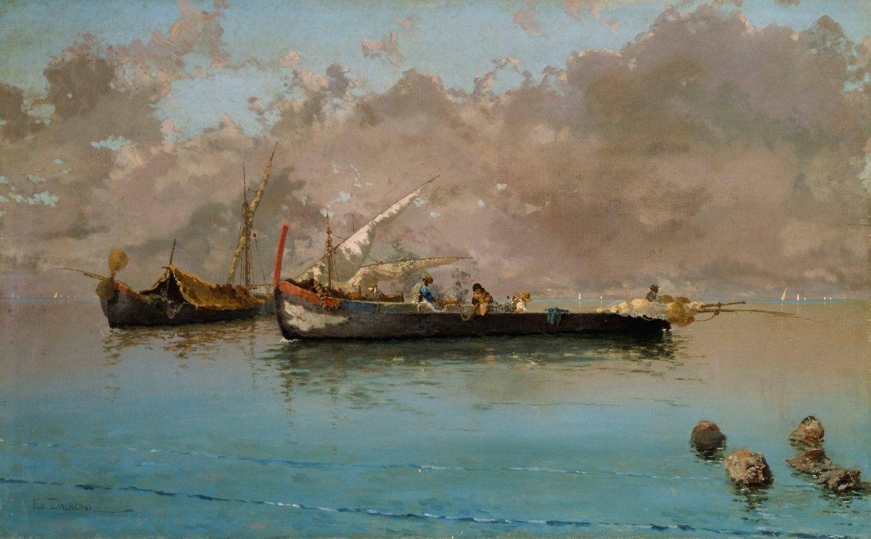 漁船のあるマリーナ、Eduardo Dalbono（1841-1915）作、油彩・キャンバス、64.5x104.5cm 作： エドゥアルド・ダルボノ