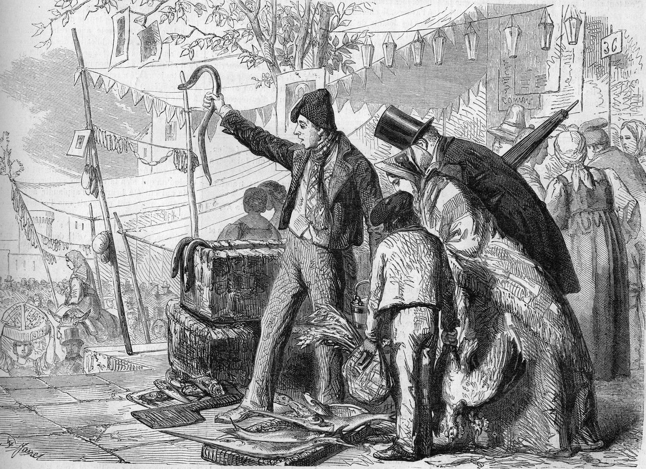 ナポリのメチエ。1864年にナポリで行われたウナギの行進の様子。eduardo Dalbonoのスケッチより。 作： エドゥアルド・ダルボノ
