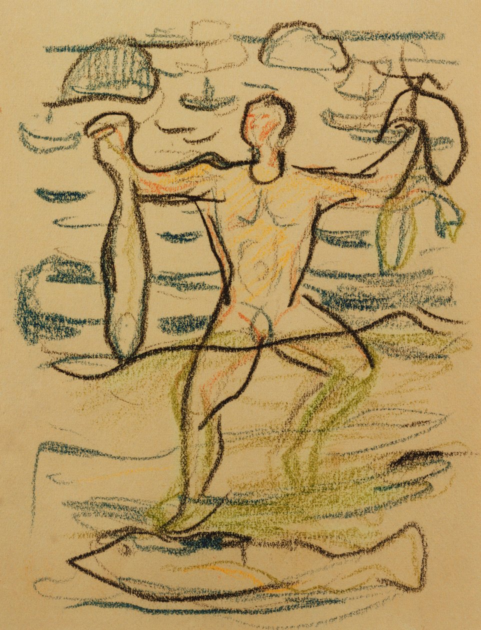 魚と一緒に泳ぐ、c。 1915-20（色チョーク） 作： エドヴァルド・ムンク