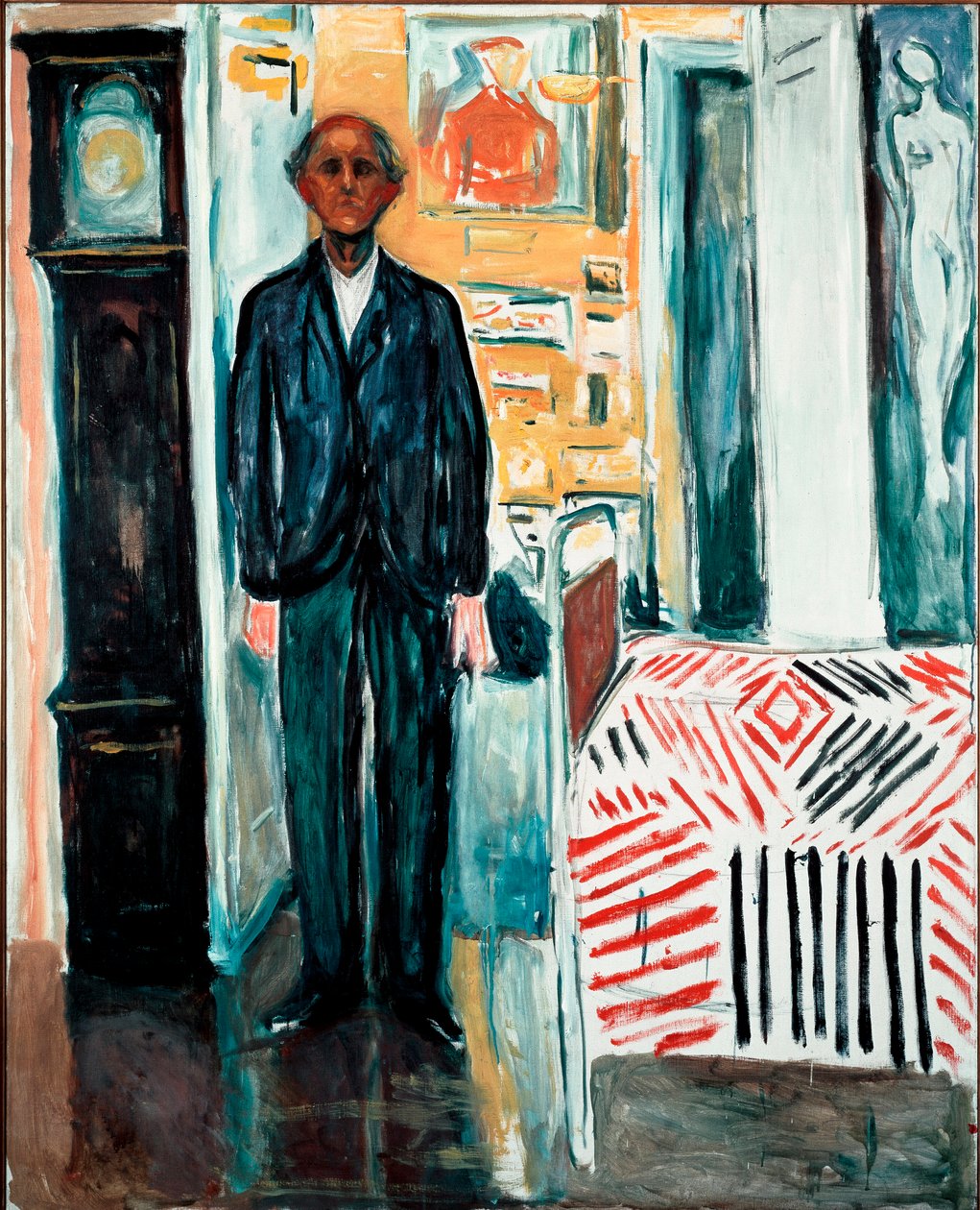 ベッドと時計の間に』 エドヴァルド・ムンク（1863-1944）の絵画 1940-1942年 薄暗い。149,5x120 cm オスロ、Munch-Museet 作： エドヴァルド・ムンク