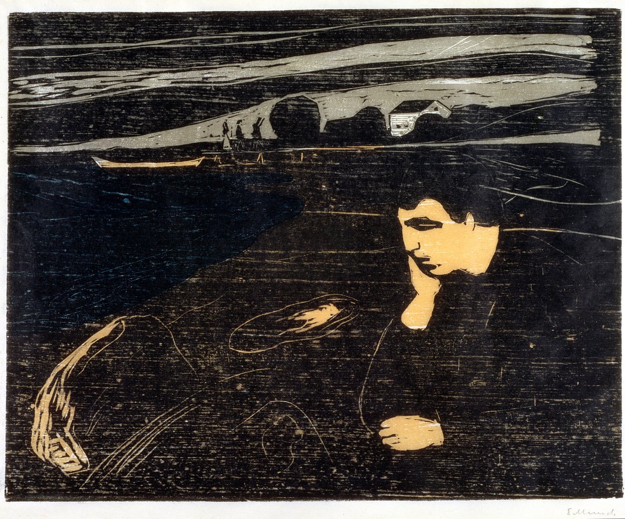 夕方、メランコリー。海岸にて（Abend, Melancholie am Strand）（木版画 作： エドヴァルド・ムンク