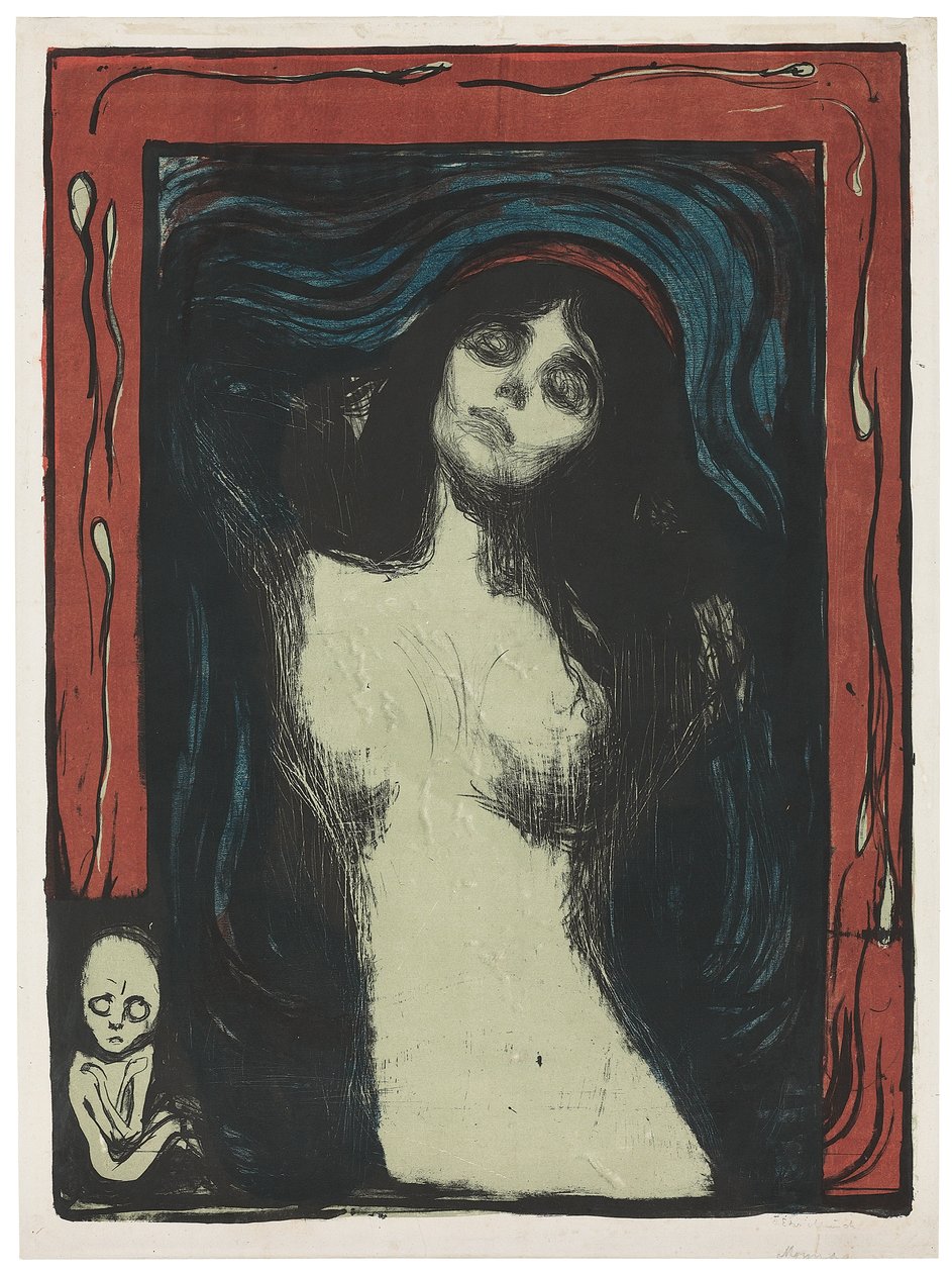 マドンナ-LiebendesWeib、c。 1895-1902（リトグラフ、白地に黒、赤、青、翡翠の緑で印刷） 作： エドヴァルド・ムンク
