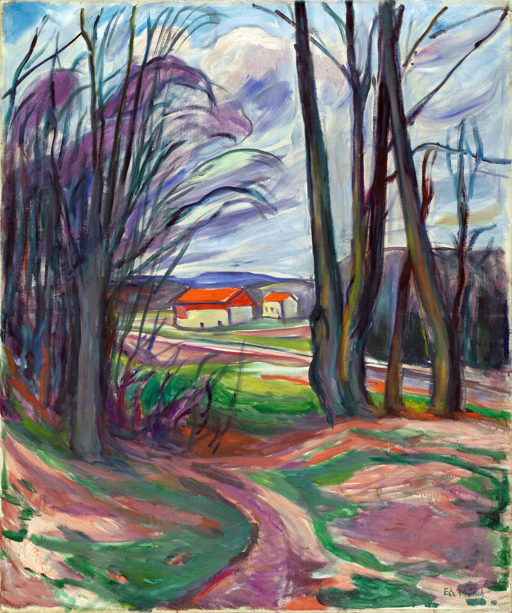 Skoyen (オスロ、ノルウェー) の風景です。 エドヴァルド・ムンク (1863-1944) の絵画、キャンバスに油彩、1920 年頃。ノルウェーの芸術、20 世紀、表現主義。 プライベート コレクション。 作： エドヴァルド・ムンク