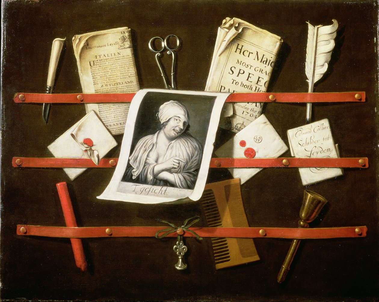 女性のプリントと1704年の議会のスピーチが入ったTrompe l&39;oeilレターラック 作： Edwaert ColyerまたはCollier