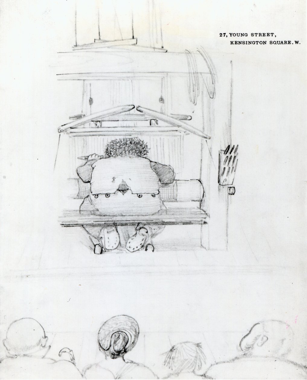 織機でのウィリアム・モリス、似顔絵（bw print） 作： エドワード・バーン・ジョーンズ