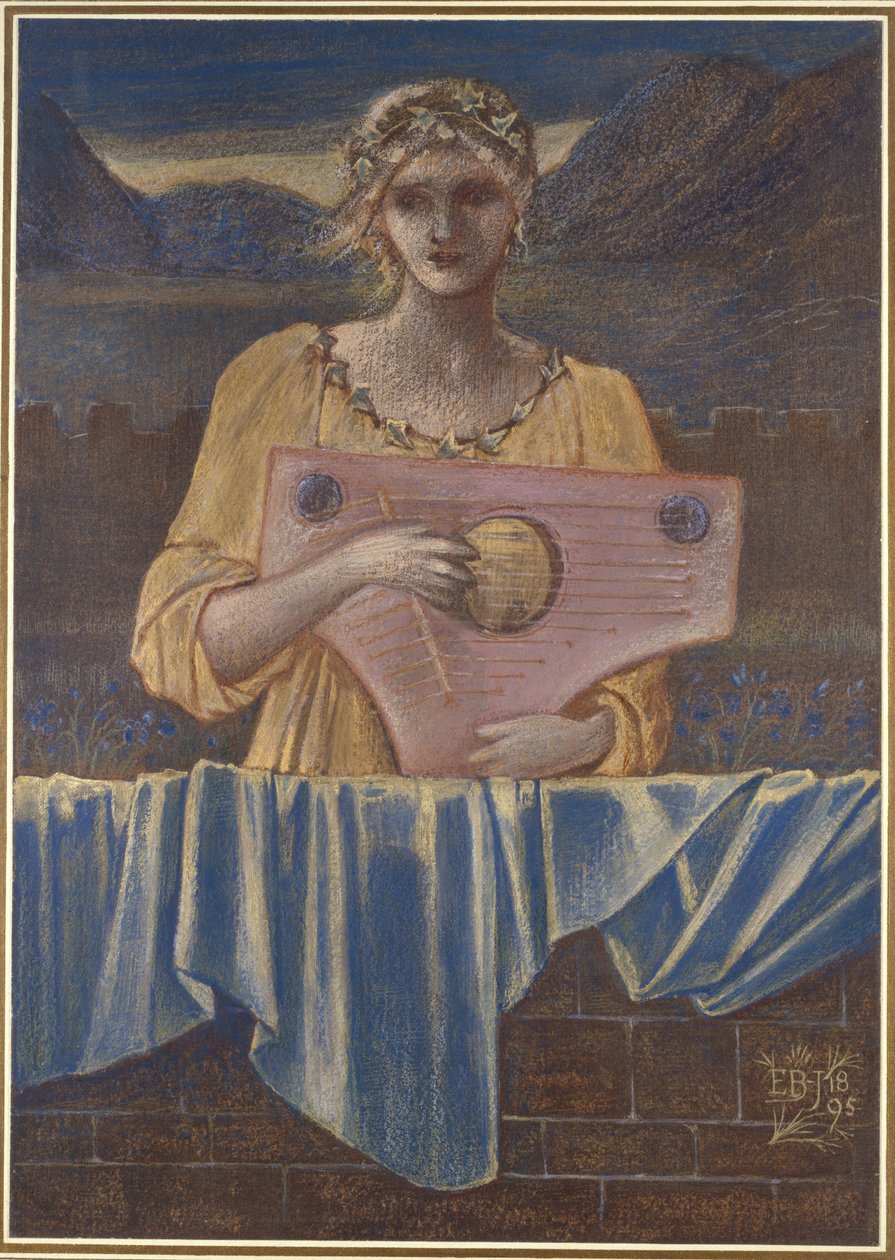 楽器を持つ女性の研究、1895年（金の絵の具と水彩で色付けされたチョーク） 作： エドワード・バーン・ジョーンズ