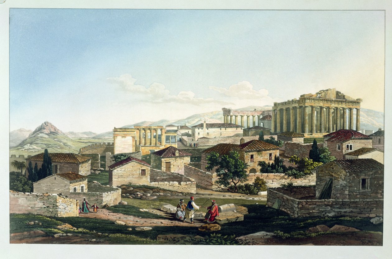 パルテノン神殿の西正面、「ギリシャの景色」のパート4のプレート19、1820年にベネットによって彫刻された（アクアチント） 作： エドワード・ドドウェル