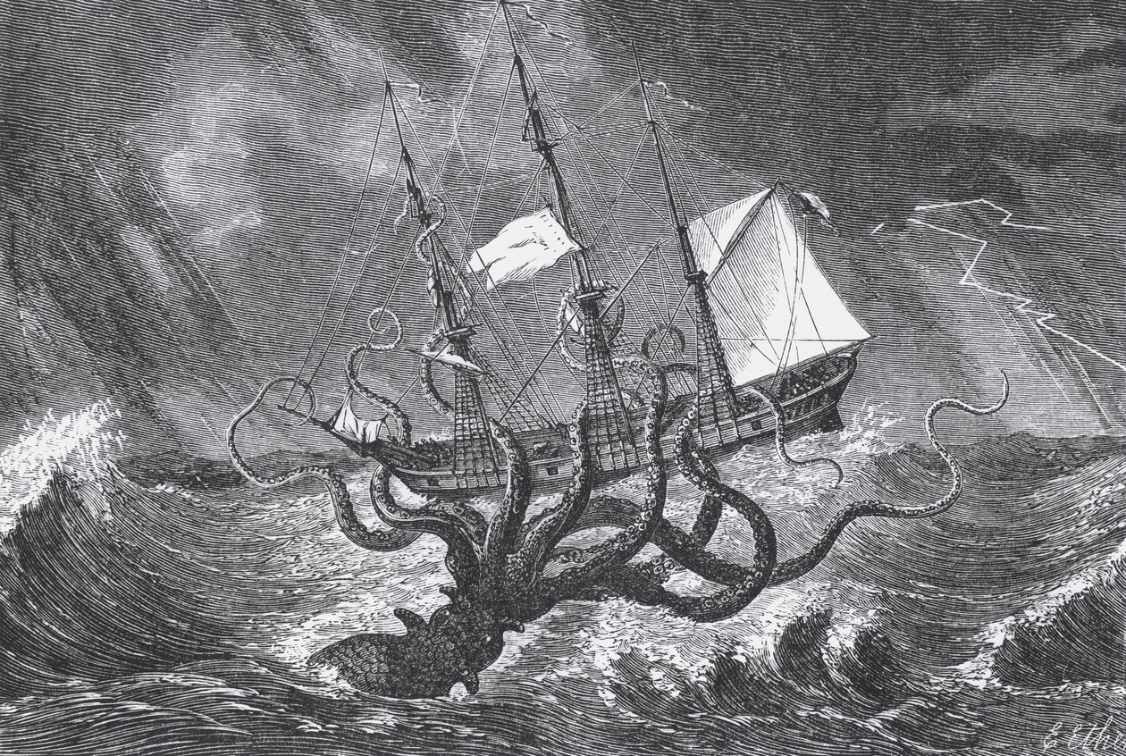 想像力の目で見たクラーケン、ジョンギブソンの「海の怪物」のイラスト、1887年 作： エドワード・エサリントン