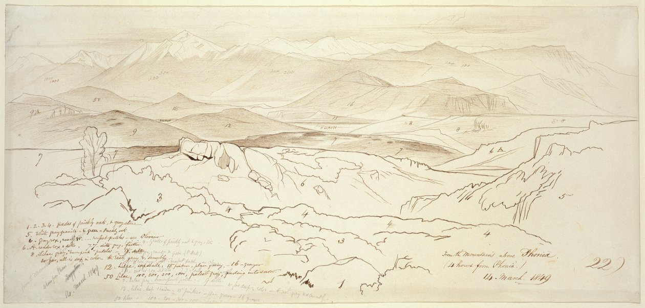 1849年フォニアの山からの眺め（オフホワイトの紙にグラファイトを付けたペンと茶色のインク） 作： エドワード・リア