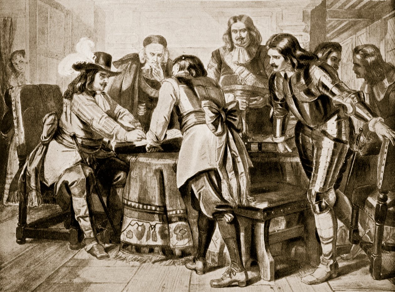 モンク将軍は1660年に「ハッチンソンのイギリス国民の物語」からの挿絵を1660年に無料で議会に提出することを宣言しました。 作： エドワード・マシュー・ワード
