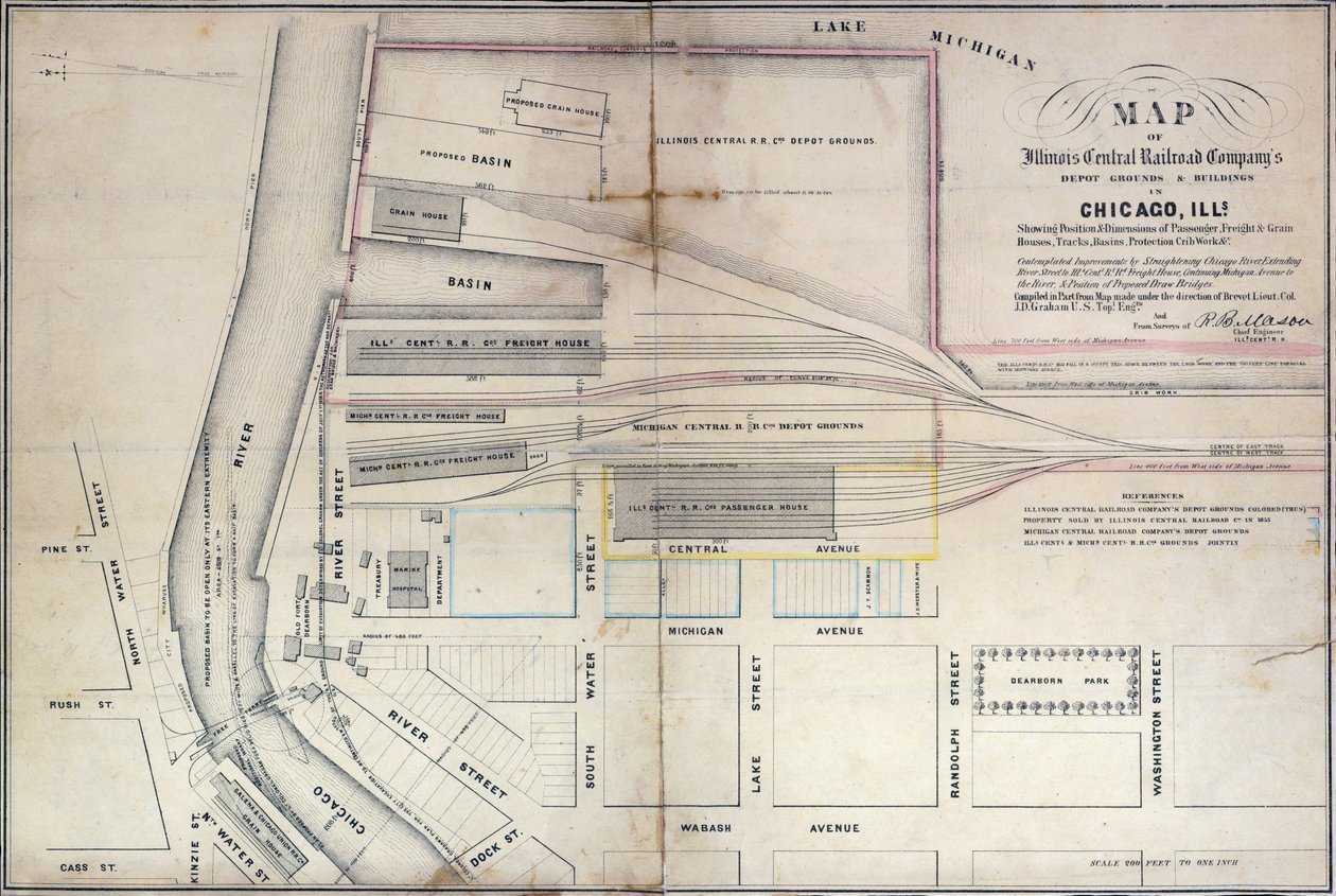 1855年、シカゴのイリノイセントラルレイルロードカンパニーの倉庫の敷地と建物の地図 作： エドワード・メンデル