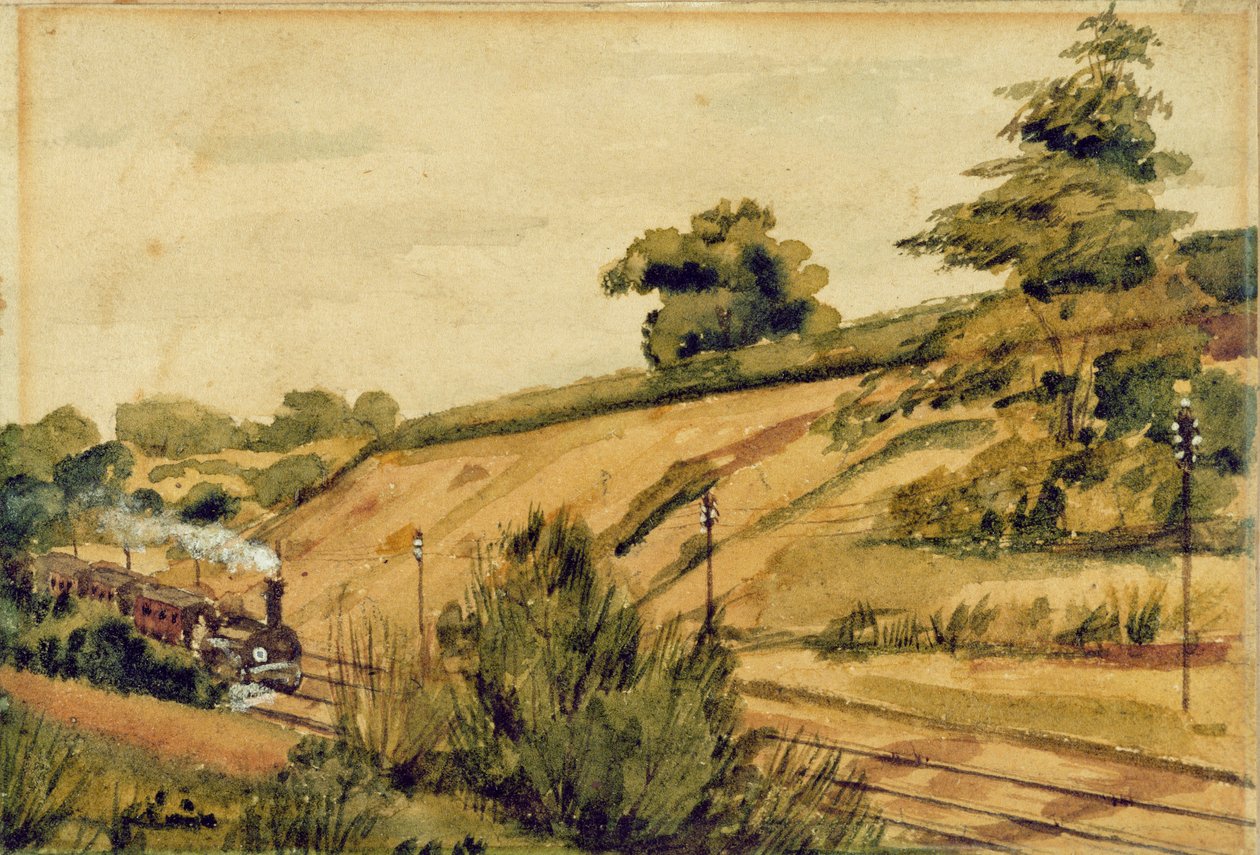 電車のある風景、1854年（トイレと紙に鉛筆） 作： エドワード・W・フィッチ