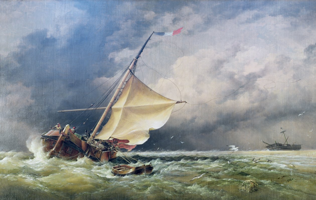 1865年の吹雪の後、テルスヘリングの砂浜または北海に座礁したオランダのバートマン 作： エドワード・ウィリアム・クック
