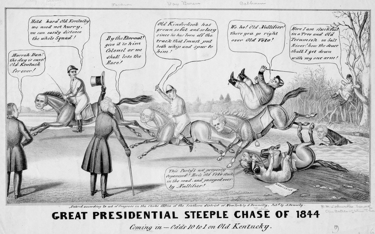 1844年の偉大な大統領の尖塔の追跡：入ってくる-オールドケンタッキーのオッズ10-1、A Donnelly、ニューヨーク発行、1844年 作： エドワード・ウィリアムズ・クレイ