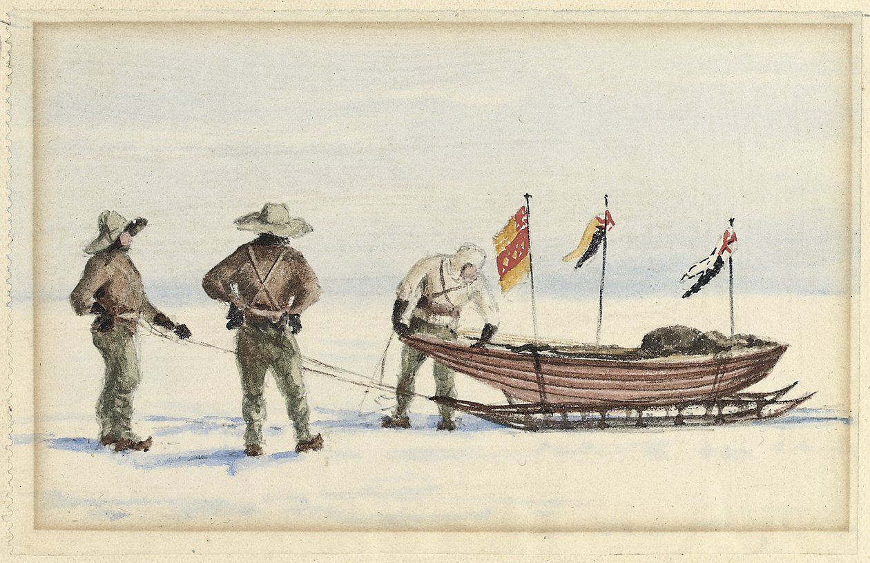 1902年2月、ホワイトアイランドへのそりパーティー：シャクルトン、ウィルソン、フェラーは、1902年に出発する準備をしていました。 作： エドワードエイドリアンウィルソン