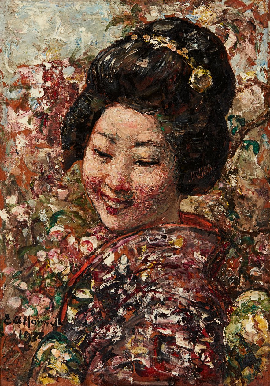 日本の女の子（パネルに油彩） 作： エドワードアトキンソンホーネル